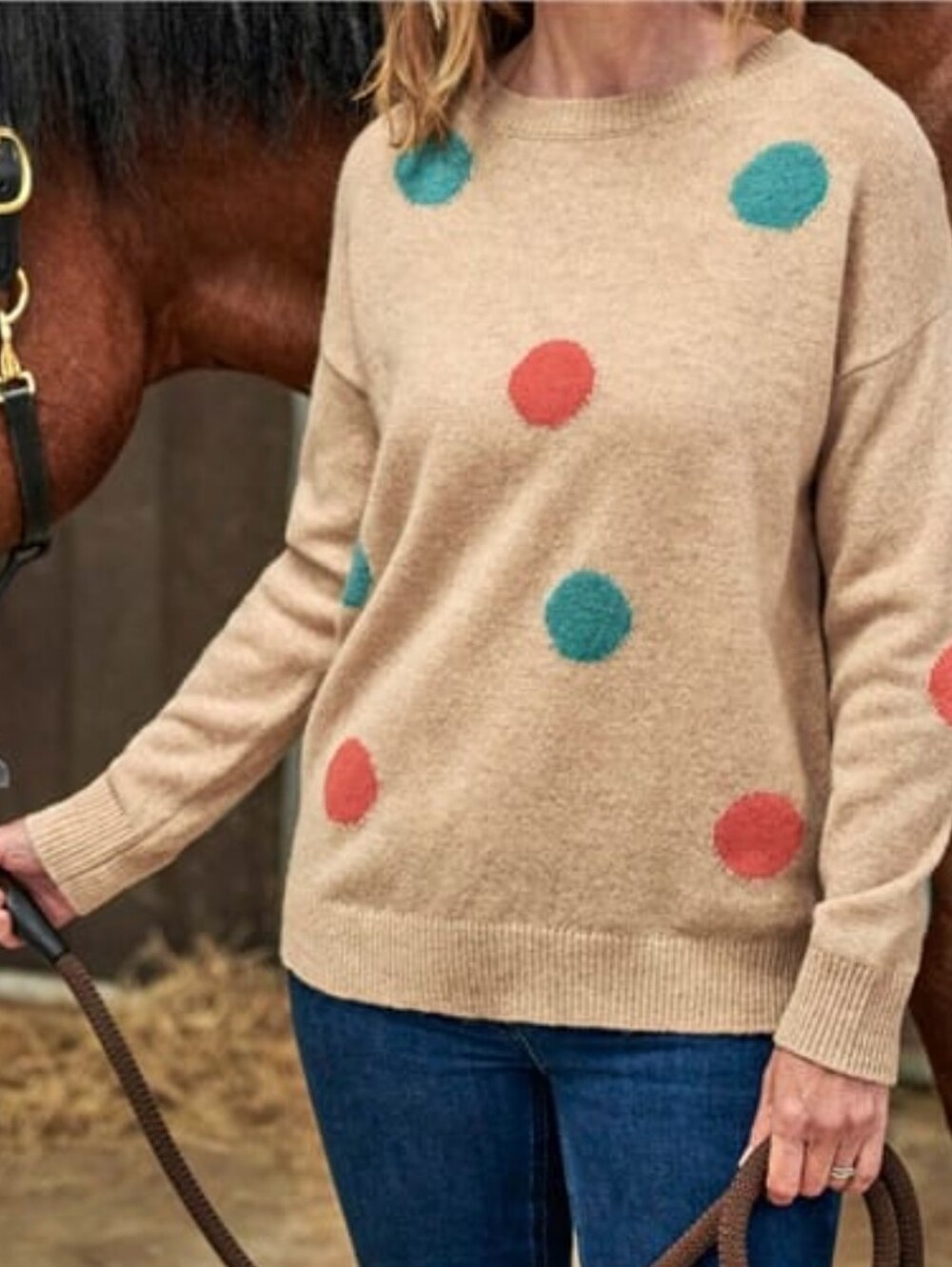 WoolOvers 100% Lambswool Tan Polka Dot Sweater M Medium Crewneck